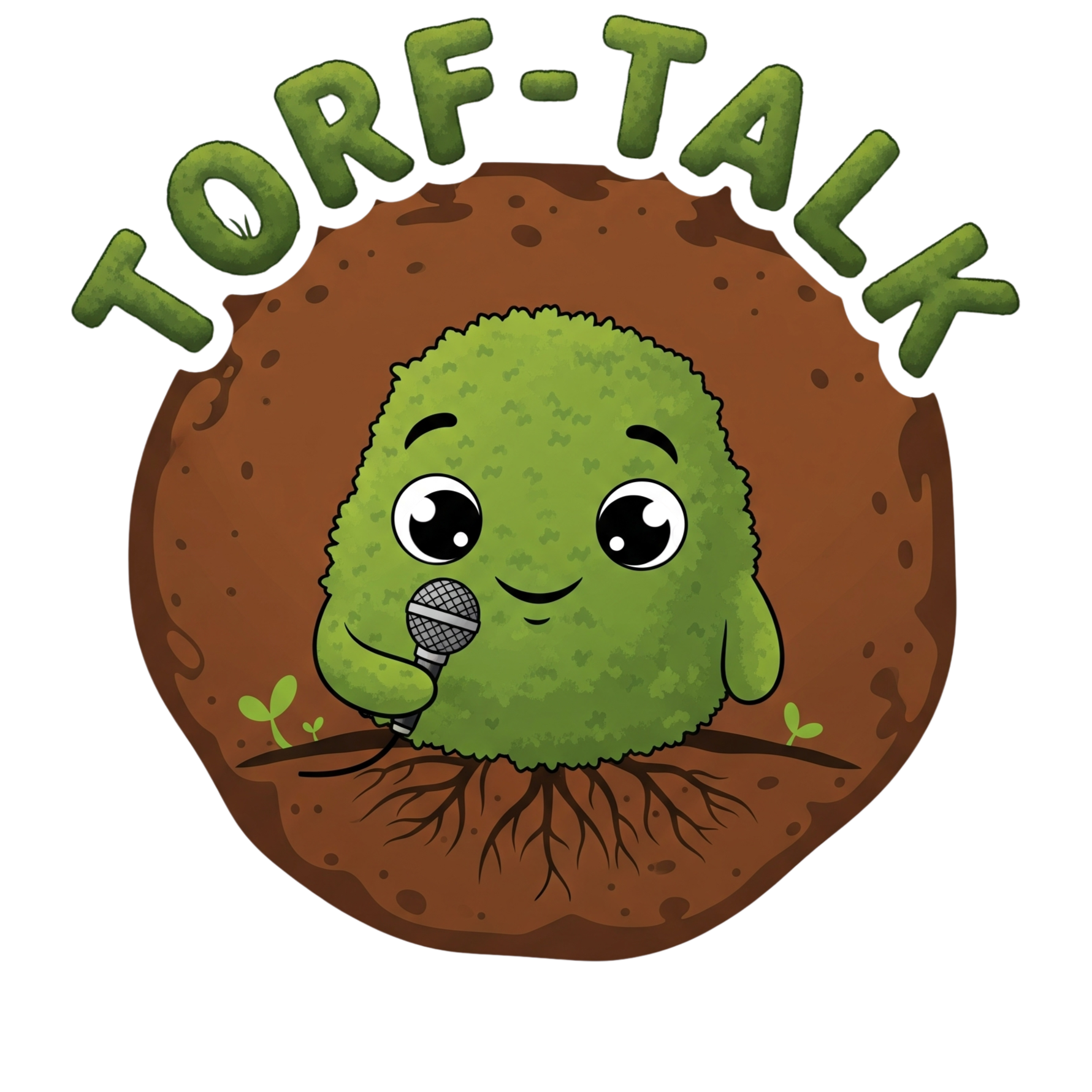 Eine stilisierte Torf-Figur mit einem Mikrofon in der Hand und der Überschrift Torf-Talk